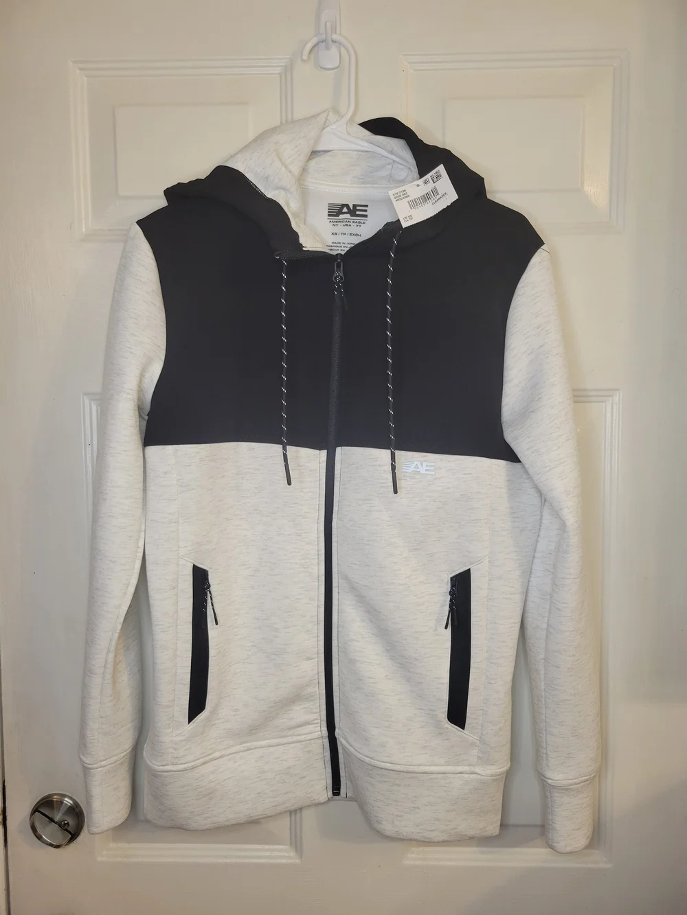 American Eagle Outfitters Men's Two-Tone Hooded Zip Sweater - Black & Light Gray - Picture 2 of 10